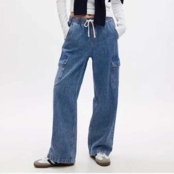 GAP Denim - Gap High Rise Wide Leg Elastic Waist Drawstring Pull On Baggy Fit Cargo Jean